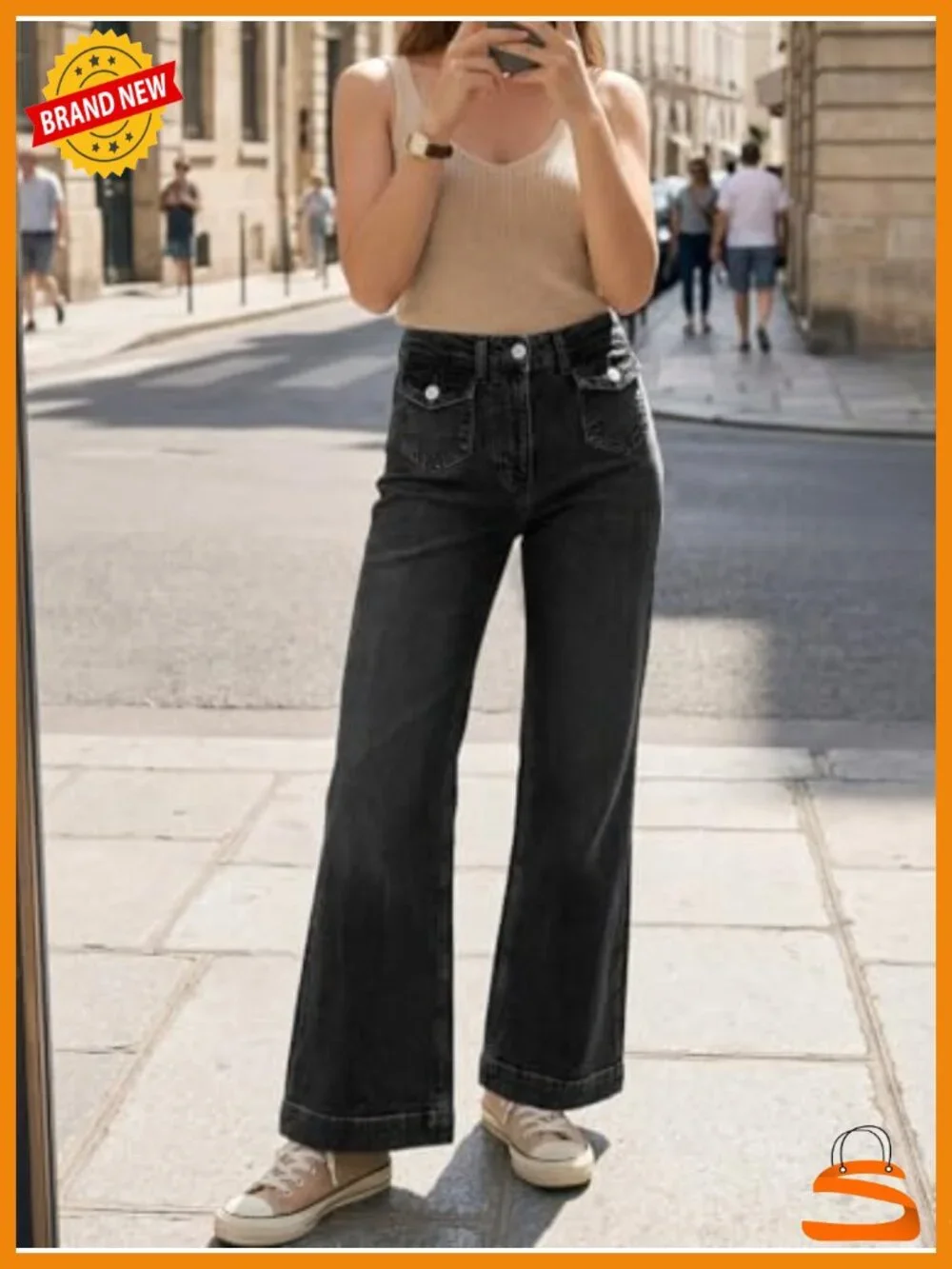 High Waisted Wide Leg Baggy Jeans with Flap Pockets
